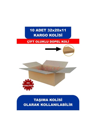 10 Adet 32x20x11 Cm Baskısız Çift Oluklu Boş Koli, Dopel Ürün Kolisi, Kargo Kolisi, Tssst