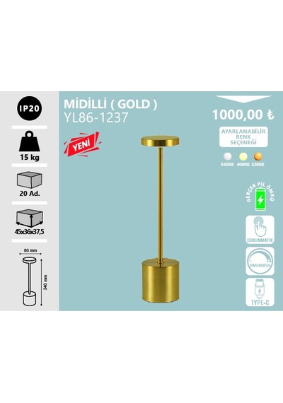 Noas Midilli Masa Lambası Şarj Edilebilir Gold- 3 Renk Diğer