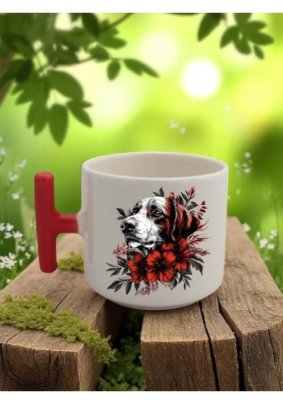 Çiçek Ve Köpek Baskılı 3'lü Kırmızı Kulplu Seramik Kupa Bardak Beyaz