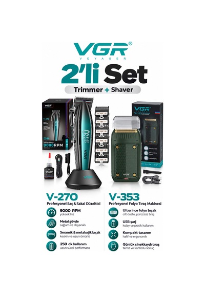 Saç Sakal Tıraş Makinesi Seti Metal Trimmer Shaver V-270 & V-353