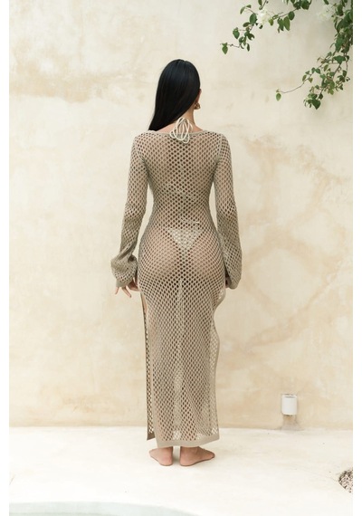 Mai Collection Mai Studios Co. Seyşeller Ahşap Halka Detay Vizon Triko Elbise Vizon