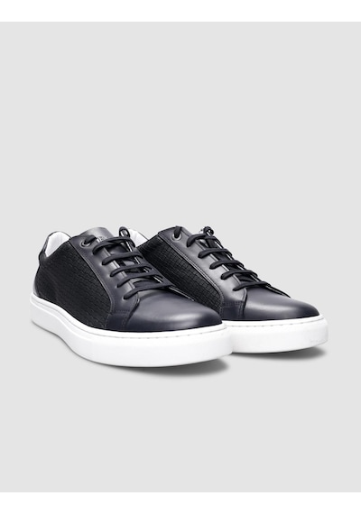 %100 Hakiki Deri Lacivert Kare Desenli Bağcıklı Erkek Sneaker-lacivert Lacivert