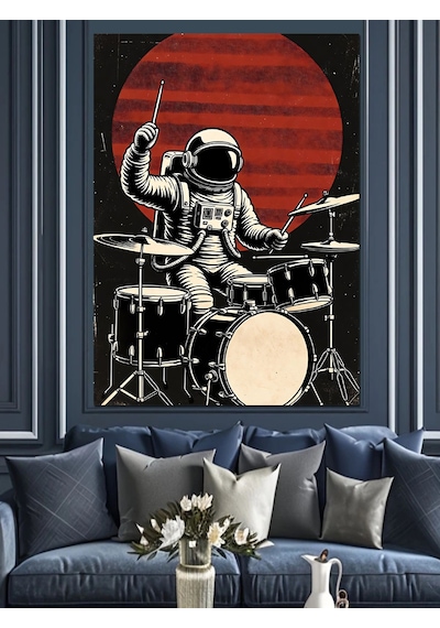 Ahşap Tablo Ay Önünde Bateri Çalan Astronot Çiçek Resimli Tablolar