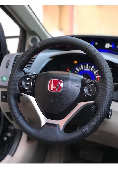 Honda Cıvıc Fb7 Araç İçin Kırmızı Dikişli Çift Desenli Deri Araç Direksiyon Kılıfı Siyah