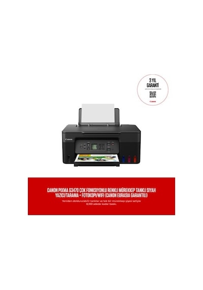 Canon Pıxma G3470 Çok Fonksiyonlu Renkli Mürekkep Tanklı Siyah Yazıcı/tarama + Fotokopi/wifi Canon