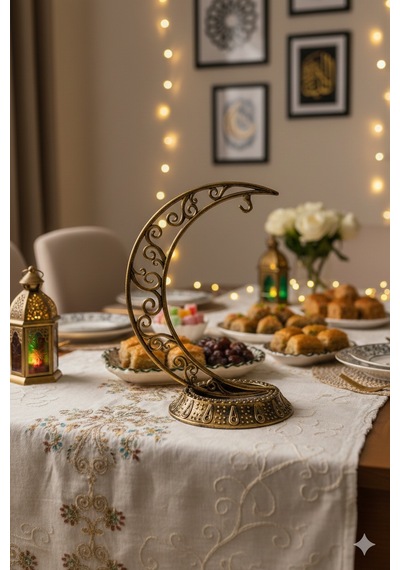 28 Cm Ramazan Dekoratif Masa Üstü Hilal Eskitme Gold Plastik Tabanlı Süs Diğer