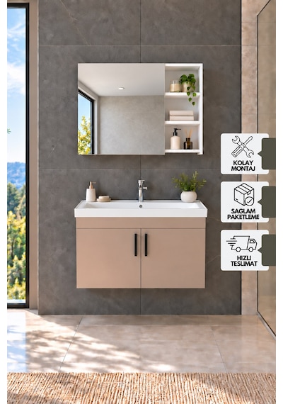 Latte 80 Cm, Lavabolu Banyo Dolabı, Lavabo Dahil, Ayna Dahil, Beyaz - Latte