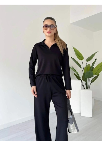 Defymoda Polo Yaka Alt Üst Kollu Modal Takım Siyah Pt Siyah