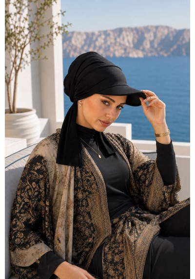 Aişe Tesettür Siyah Kepli Deniz / Havuz Kullanımına Uygun Bağcıklı Eşarp Bone