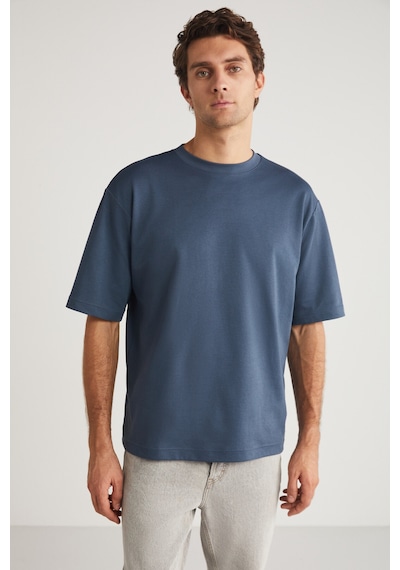 Grimelange Joel Erkek %100 Organik Pamuklu Kalın Kumaşlı Özel Dokulu Etiket Detaylı Oversize Indigo T-shirt