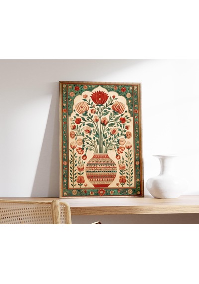 Fars Çiçekleri Duvar Sanatı Kırmızı Ve Yeşil Oryantal Vazo Posteri Orta Doğu Botanik Desen Baskısı