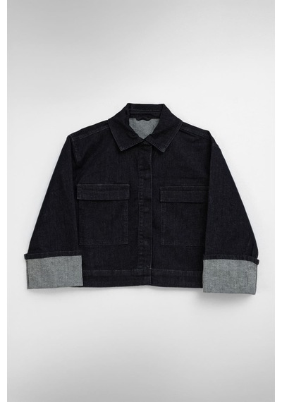 Kadın Cepli Oversize Lacivert Denim Ceket Gömlek Lacıvert