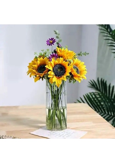 Optik Cizgili Silindir Cam Vazo Borosilikat 10 Cm Genişlik 20 Cm Yükseklik 1 Adet Beyaz