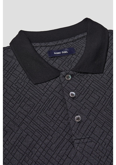 Jakar Desenli Polo Yaka Erkek T-shirt Siyah Siyah