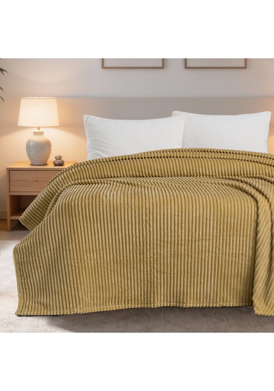 Maxstyle Çizgili Vizon Tek Kişilik Polar Battaniye Hardal 150x220 Cm Renkli