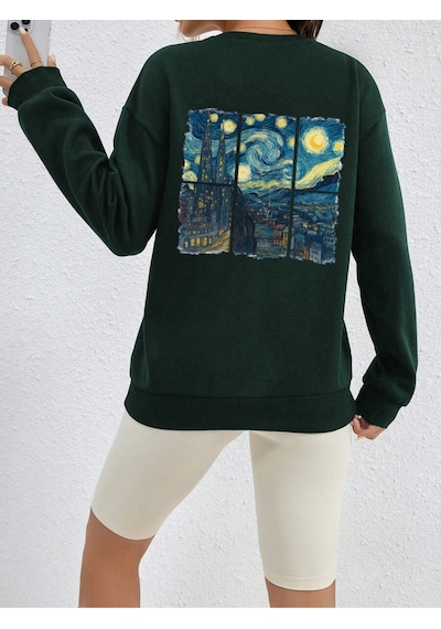 Uyguntarz Unisex Vangogh Baskılı Tasarım Oversize Sweatshirt Yeşil