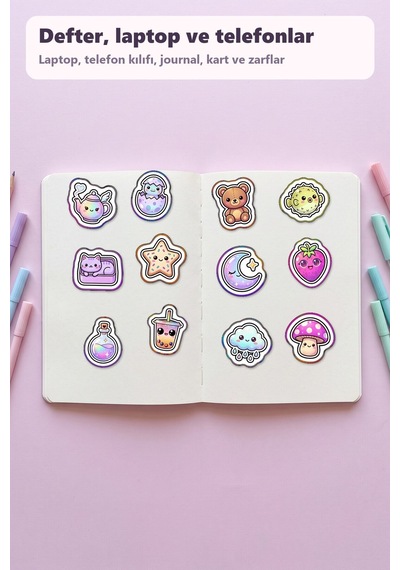 30 Adet Holografik Sevimli Figürler Sticker Seti - Laptop Defter Telefon İçin Çok Renkli