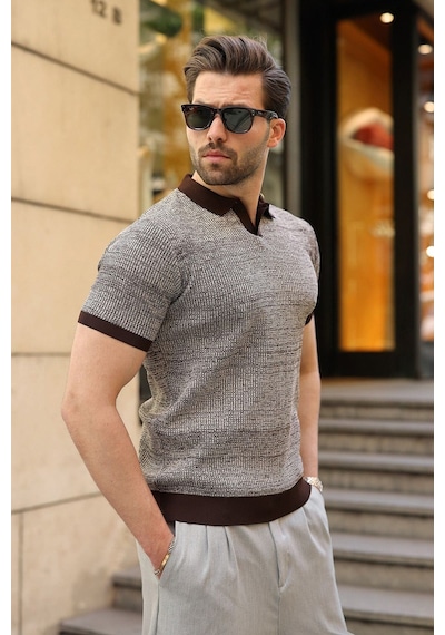 Madmext Kahverengi Polo Yaka Regular Fit Erkek Triko Tişört E7496 Taş Rengi