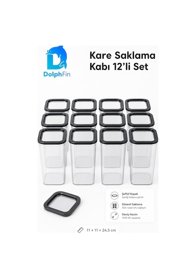 Kare Saklama Kabı 12'li Set Siyah 1900 Ml 11 11 24,5 Cm