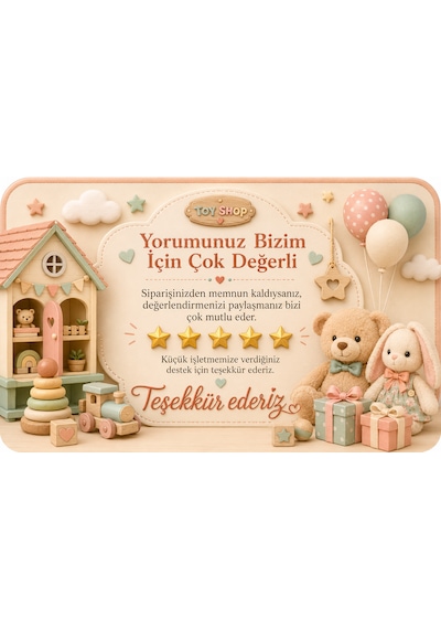 Oyuncak Mağazası Temalı Thank You Kartı Müşteri Yorum Kartı 8x5 Cm Krem Rengi
