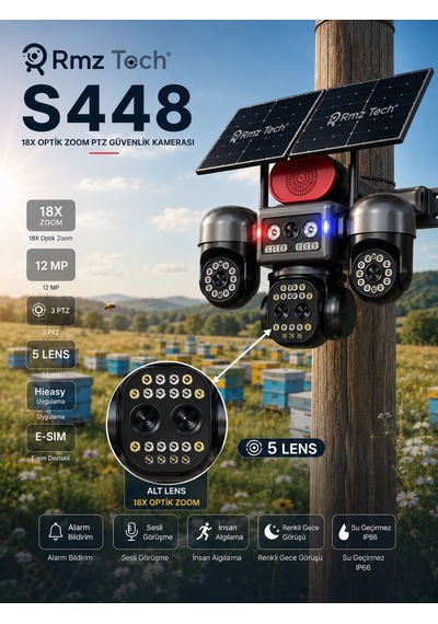 Avenir S446 4 Kameralı Telefondan 3 Dönebilir Güneş Enerjili Güvenlik - Aov 7/24 Türkcell Sim Kart 1 Yıl Her Ay 8gb 128 Hafıza