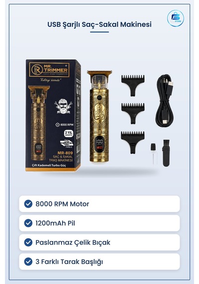 Tıraş Makinesi Usb Şarjlı Saç Ve Sakal Kesme Rpm 1200mah Altın Re