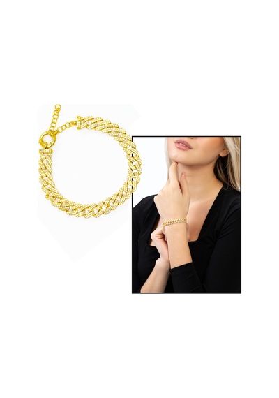 Beyaz Zirkon Taşlı Gold Renk 925 Ayar Gümüş Gurmet Kadın Bileklik