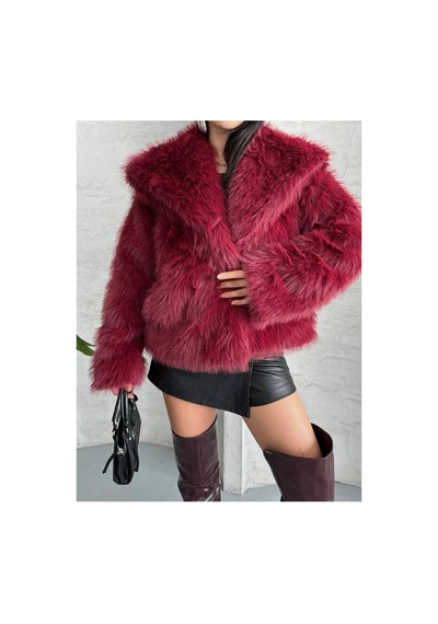 Tille Dame Yumuşak Dokunuşlu Oversize Premium Kürk Peluş Mont Bordo Bordo