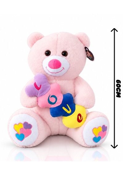 Renkli Kalpli Ayıcık Peluş Oyuncak Ayıcık 60cm - Hediyelik Peluş Oyuncak 046 - Pembe