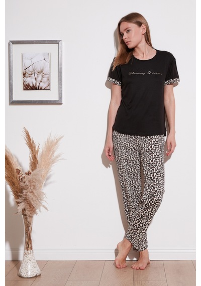 Lela Yumuşak Dokulu Bisiklet Yaka Bayan Pijama Takımı 6097605 Siyah-Leopar