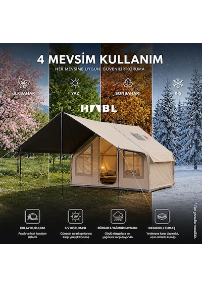 6 Kişilik 6.3 M² Tenteli Gölgelikli, 4 Mevsim, Su Geçirmez 420d Oxford Kumaşlı Şişme Çadır 300 210 200cm Bej