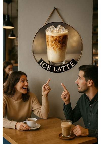 Ice Latte Temalı Yuvarlak Cafe Tabelası, Jüt İpli Ahşap Duvar & Kapı Dekoru, Barista Tarzı Süs