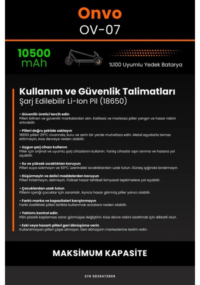 Onvo Ov-07 / 36v 10500mAh Elektrikli Scooter Bataryası