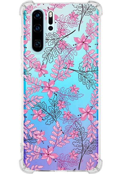 Huawei P30 Pro Köşe Korumalı Floral Pembe Tasarımlı Şeffaf Silikon Kılıf