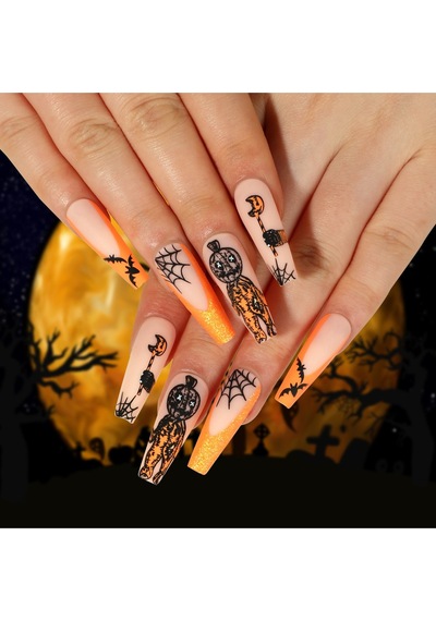 Halloween Korku Maskeli Özel Tasarım Uzun Düz Takma Tırnak Seti 24 Adet - Turuncu