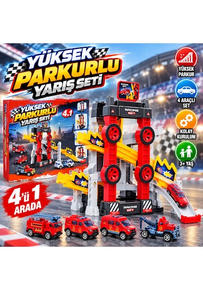 Yüksek Parkurlu 4'ü 1 Arada Yarış Seti 4 Araçlı, Rampalı Ve Engelli Pist, 3+ Yaş - Kırmızı