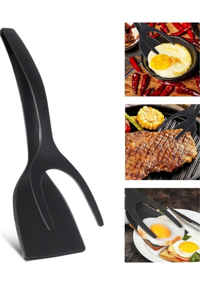 Pişirme Maşası Kavrama Ve Çevirme Maşası Spatula 2si 1 Arada Maşa Plastik Siyah Diğer
