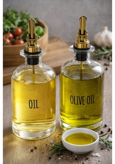 Qerhome 2'li Gold Başlıklı Şeffaf Cam Yağdanlık Seti 500 Ml+500 Ml Oliva Glass Beyaz
