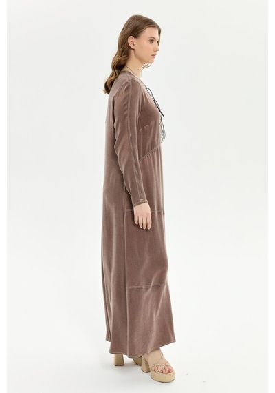 Müsemma Uzun Kol Maxi Elbise - Minimalist, Günlük, Doğal Kumaş Kahve