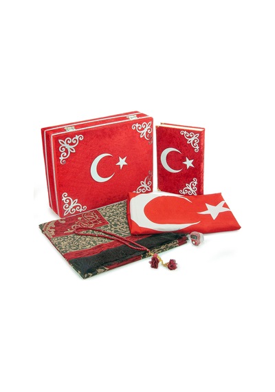 Türk Bayraklı Kuranı Kerim Hediyelik Set Kadife Kutulu, Bayrak, Seccade Ve Tesbih