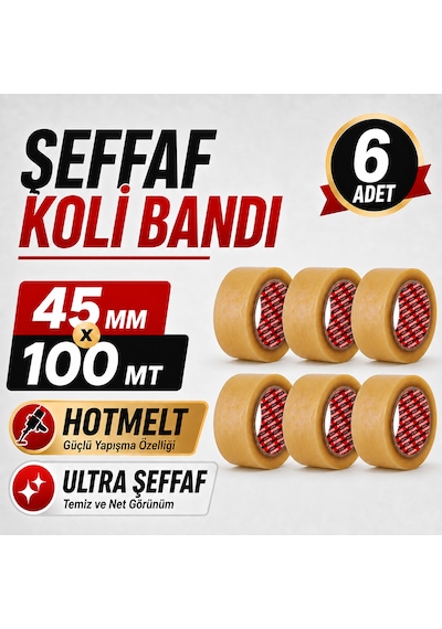 Sanplaza Şeffaf Hotmelt Koli Bandı 45 Mm X 100 Mt Güçlü Yapışkanlı Paketleme Ambalaj Bandı 6 Adet