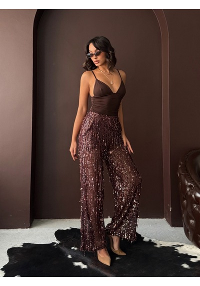 Verymoda Pullu Tül Pantolon F1611 Kahve