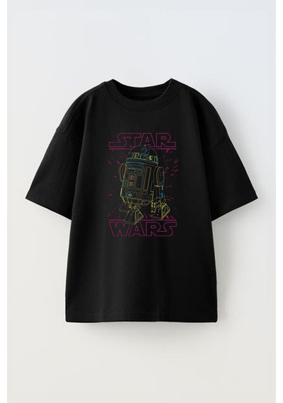 Thewert Unisex Star Wars R2d2 Tasarım Baskılı Pamuk Sıyah Oversize T-shirt Siyah