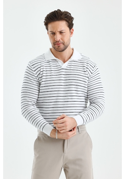 Erkek Patlı Slim Fit Çizgi Detaylı Uzun Kollu Polo Yaka Triko Kazak beyaz