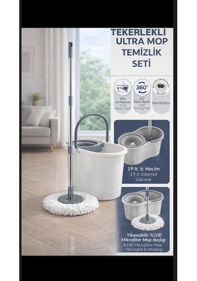 Tekerlekli Ultra Mop Temizlik Seti- 19 Lt Geniş Hazne & 360 Döner Başlıklı Paslanmaz Çelik Saplı