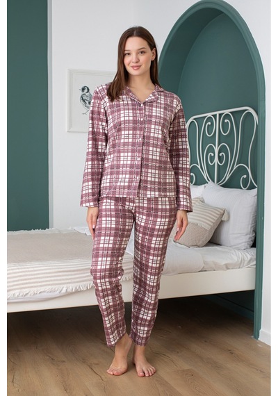 Kadın Boydan Düğmeli Kırmızı Beyaz Kareli Pijama Takım Kırmızı