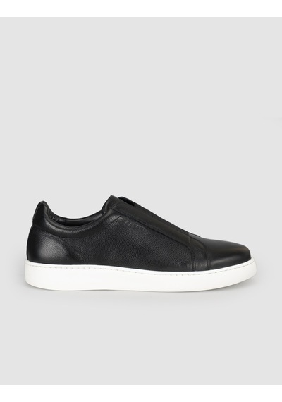 Cabani Hakiki Deri Siyah Beyaz Taban Bağcıksız Erkek Sneaker Ayakkabı