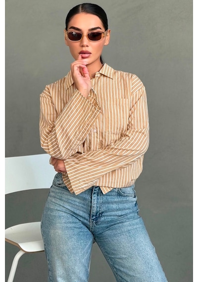 Madmext Bej Çizgili Sendy Kumaş Kadın Gömlek Mg2834