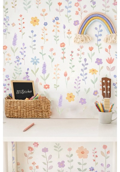 Pastel Çiçek Duvar Sticker Seti 38 Parça Çocuk Odası, Bebek Odası, Mutfak Ve Çalışma Alanı Dekoru Dijital Baskı