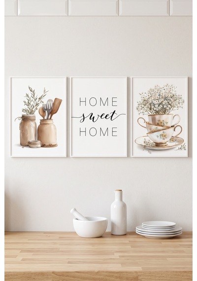 Beyaz Ahşap Çerçeveli Home Sweet Home Mutfak Temalı Duvar Tablosu 3 Lü Set Beyaz